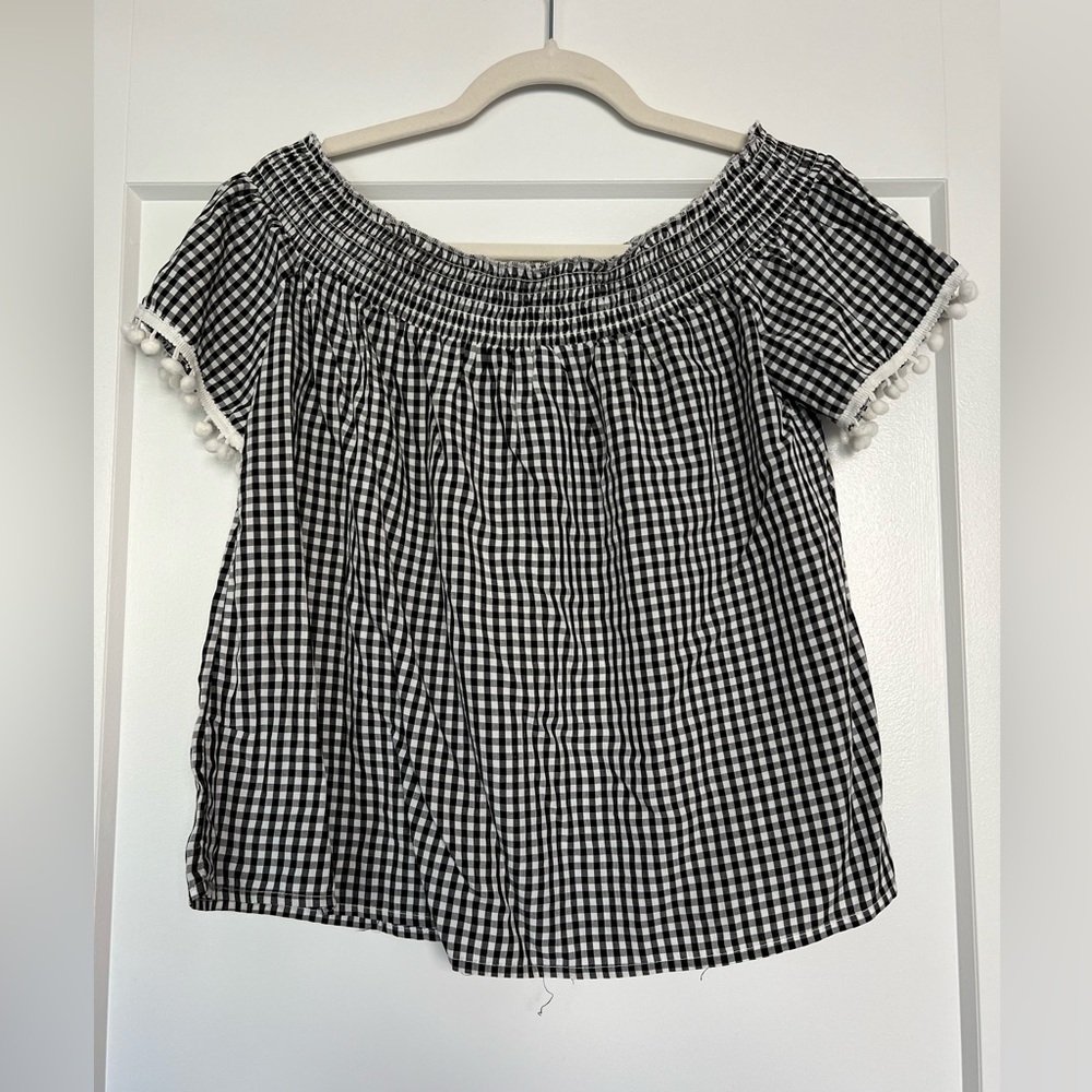 Off Shoulder Gingham Black Top with Pom Poms